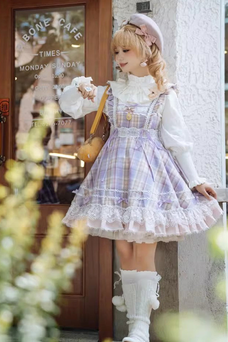 Pink/Purple [Endless Summer] High Waisted Printed Ruffled Bow Lace Sweet Princess Lolita Jsk Dress 2 Versions