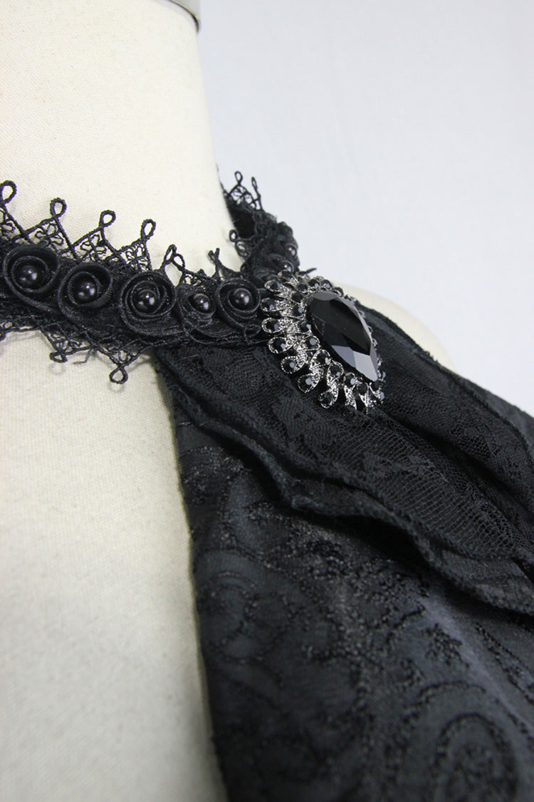 Schwarze Jacquard-Krawatte mit Schmucksteinen aus Spitze für Herren im Gothic-Stil