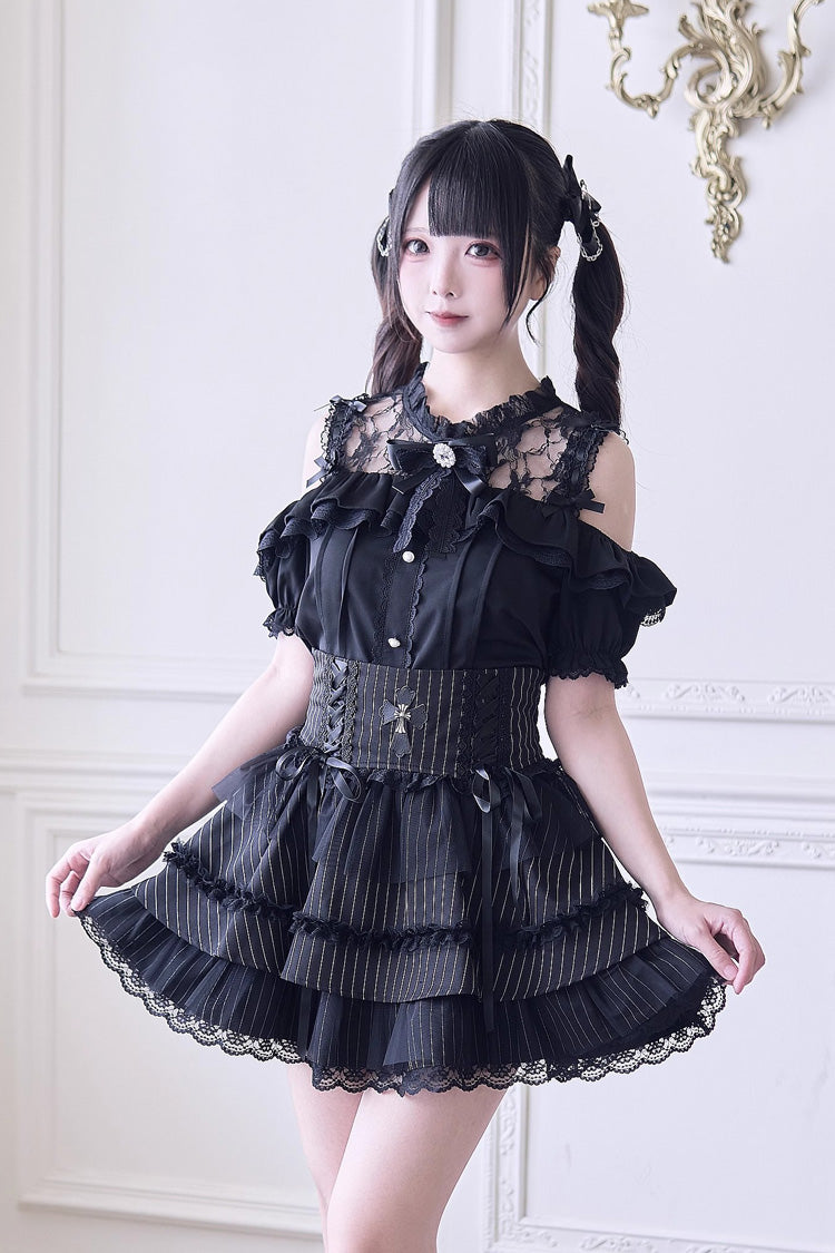 Sweet Off Shoulder Short Sleeves Hollow Bowknot Jirai Kei Japanese Blouse