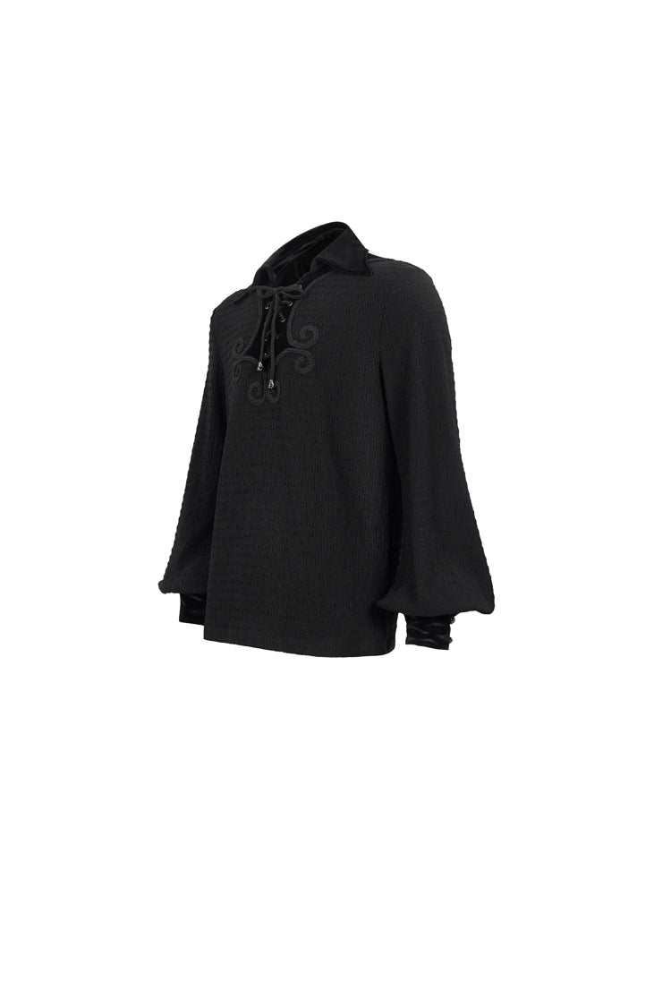 Black Embroidered Chest With Drawstring Strappy Puff Sleeved Men's Gothic Shirt