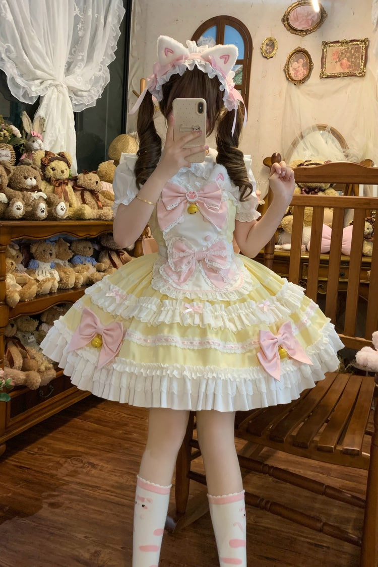 Yellow [Meowling Sweet Maid] Sleeveless Multi-Layered Ruffle Bowknot Lace Sweet Princess Lolita Jsk Dress