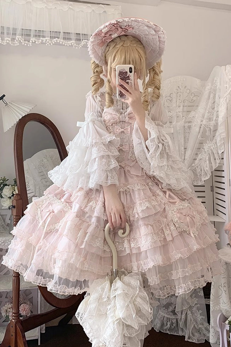 Pink [Sweetheart Diary] Multi-Layered Ruffle Hanayome Embroidery Bowknot Lace Sweet Lolita Jsk Dress