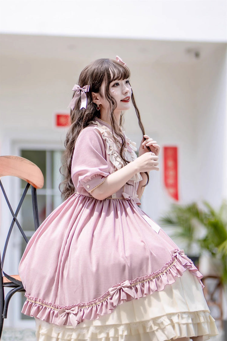 Pink Long Sleeves Ruffle Bowknot Daily Sweet Princess Lolita Dress