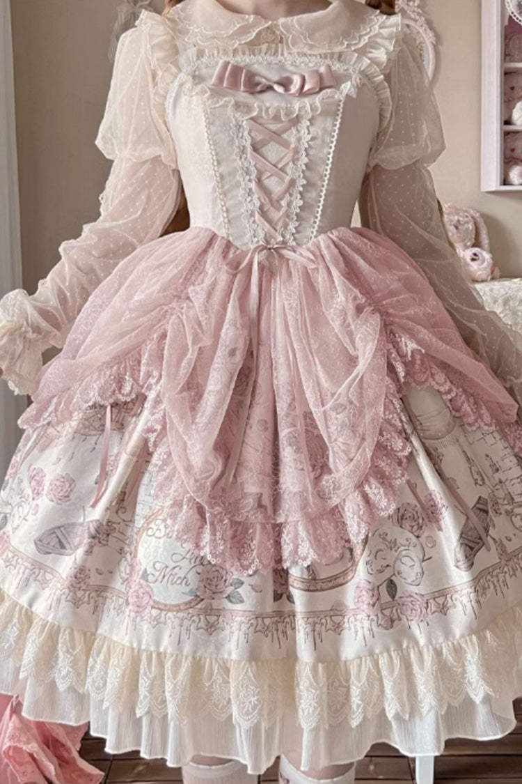 Apricot Sleeveless Rose Prologue Print Ruffle Bowknot Sweet Elegant Princess Lolita Jsk Dress