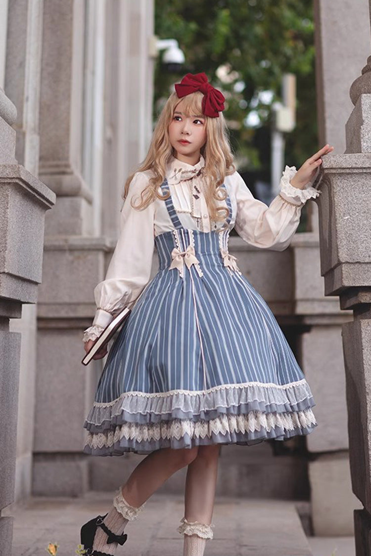 Blue Multi-layer Stripe Print Ruffle Sweet Lolita Jsk Dress