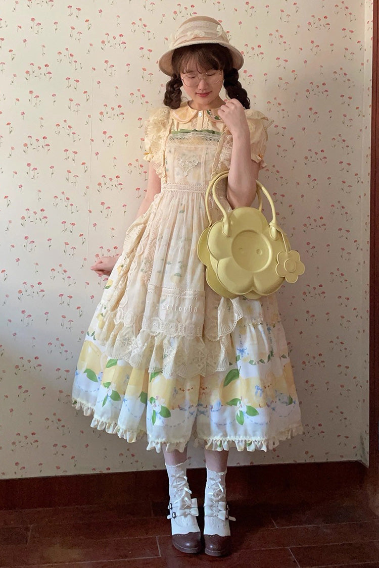 Yellow [Lemon Chicken] Print Ruffle Bowknot Lace Sweet Lolita Jsk Long Dress