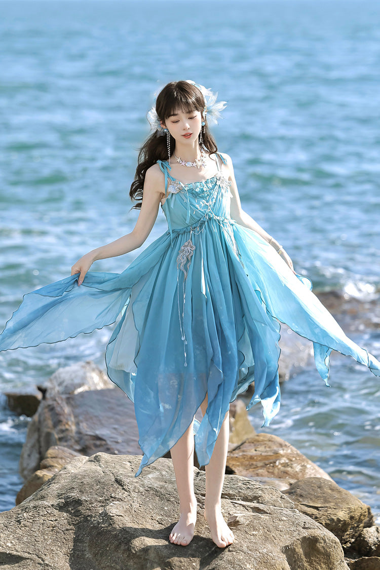 Blue [Ocean Sprite] Gradient Print Irregular Hooded Sweet Lolita Jsk Dress Cloak Set