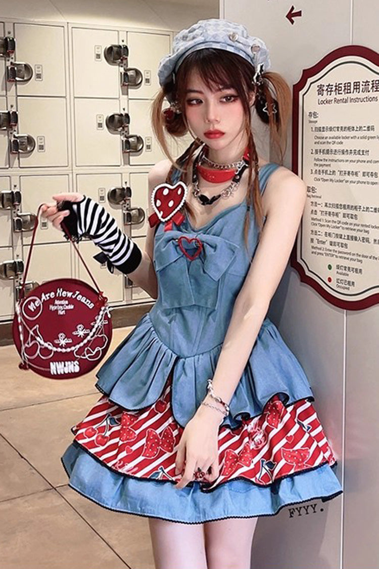 Blue [Cherry] Sleeveless Triple-Layered Print Ruffle Bowknot Denim Sweet Japanese Vintage Lolita Jsk Dress