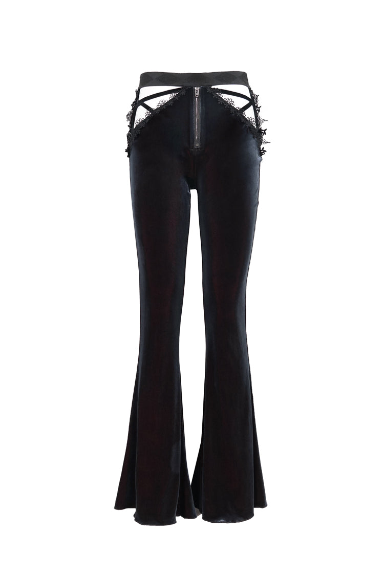 ブラック/レッド ベルベット ローライズ リボン カットアウト フレア レディース ゴシック パンツ
