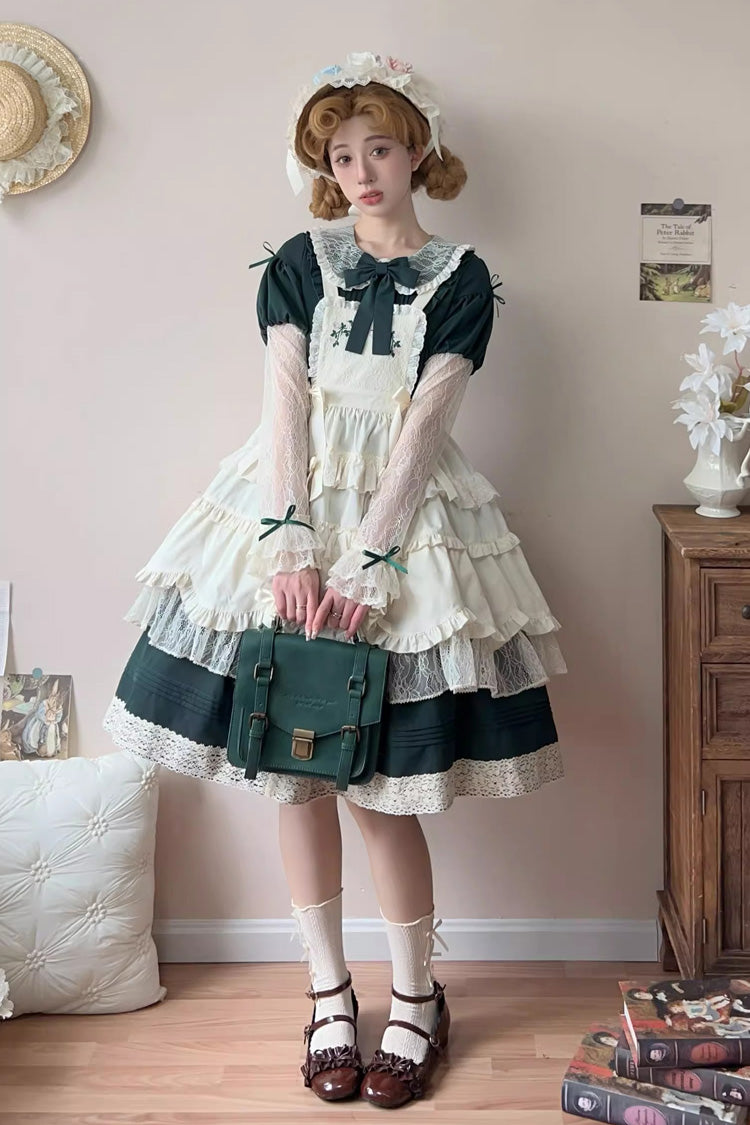 Green [Mist over Flowers Along the Path] Lapel Collar Long Sleeves Embroidery Bowknot Lace Sweet Lolita Dress