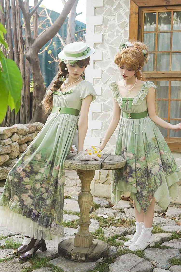 Green [Blooming Roses] Print Oil Painting Chiffon Ruffle Bowknot Irregular Sweet Lolita Jsk Dress