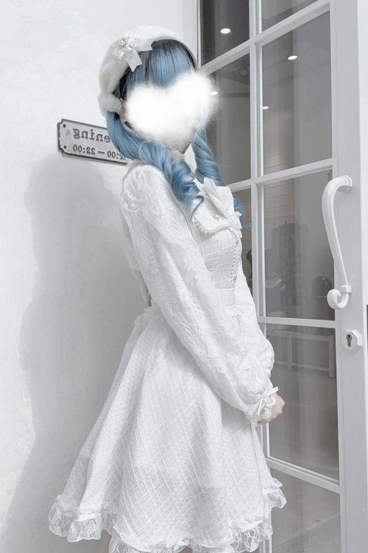 White Long Sleeves Bowknot Lace Pearl Sweet Jirai Kei Dress