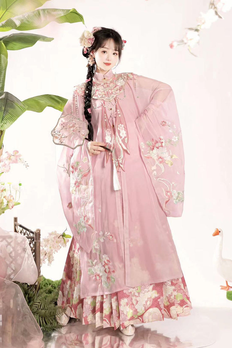 Pink Stand Collar Long Sleeves Ming-Style Embroidery Cloud Shoulder Sweet Hanfu Horse-Face Dress Set