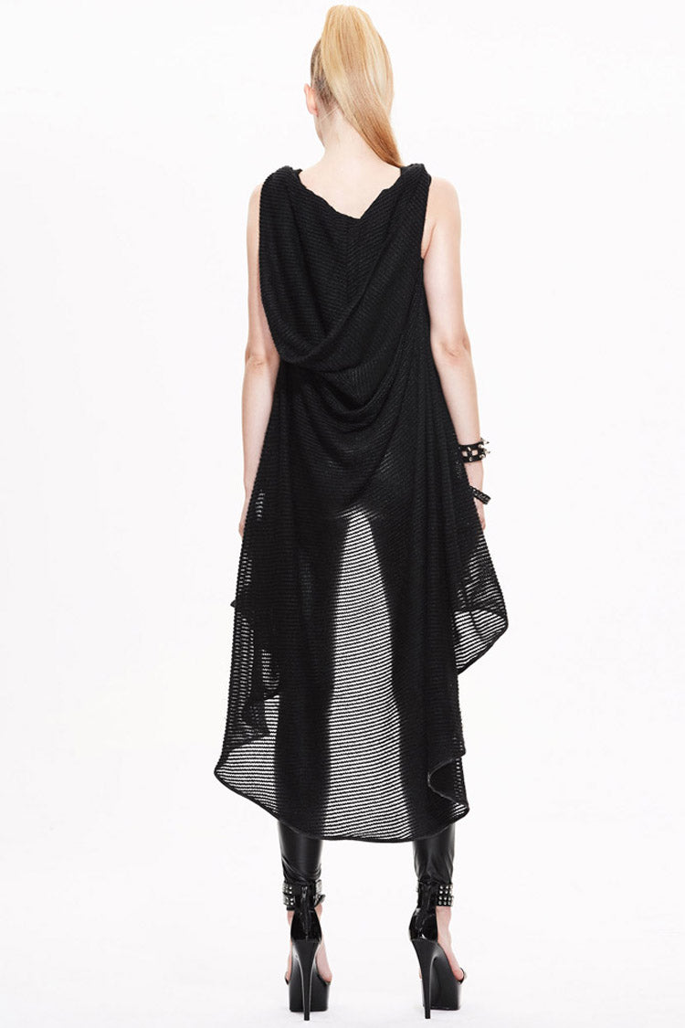 Black Sleeveless Irregular Fishing Net Long Style Hooded Womens Gothic Shawl Coat
