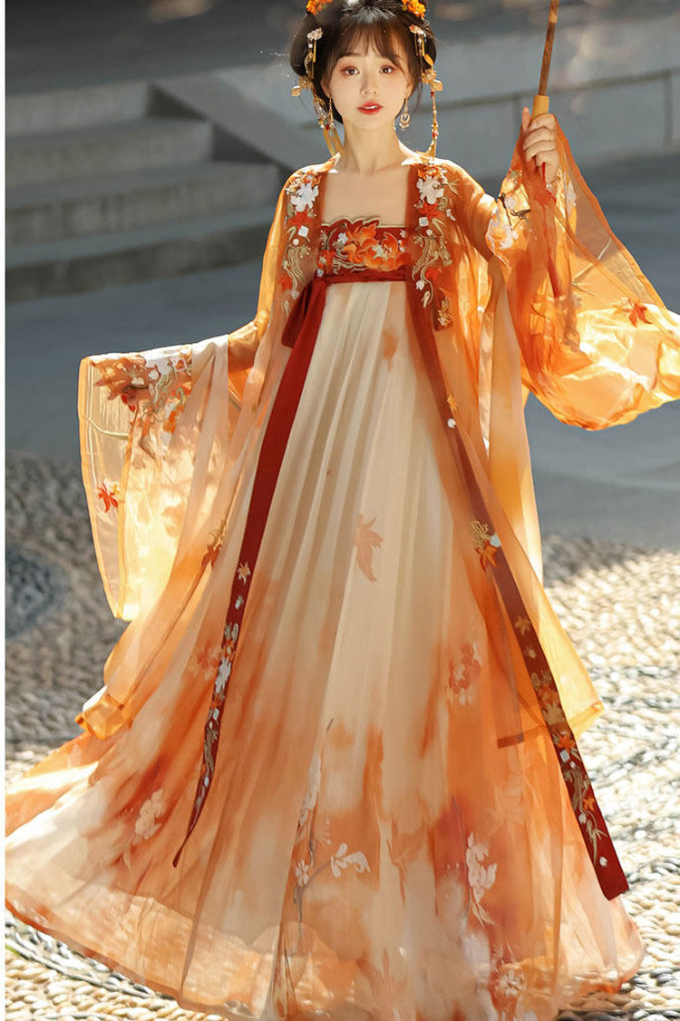[Feuilles d'automne] Ensemble Hanfu classique décontracté pour femmes, manches longues, taille haute, imprimé brodé, Orange