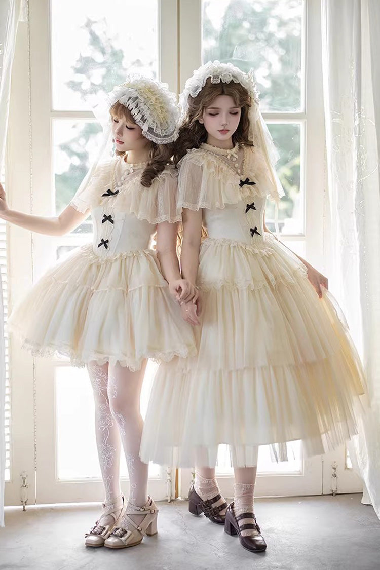 Ivoire [Le serment de la brume blanche] Col édouardien Manches longues Multi-couches à volants en dentelle avec nœud en arête de poisson Robe Lolita douce 2 versions
