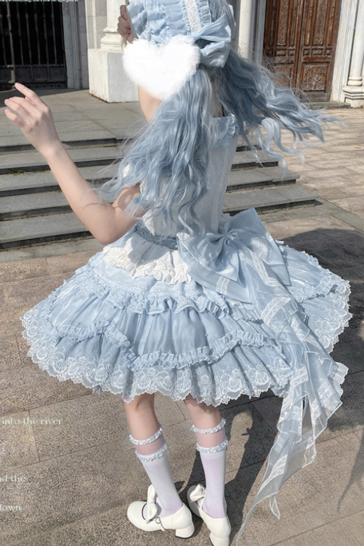 Robe Lolita douce à volants triples brodés à manches courtes avec col à revers bleu [baleine] 