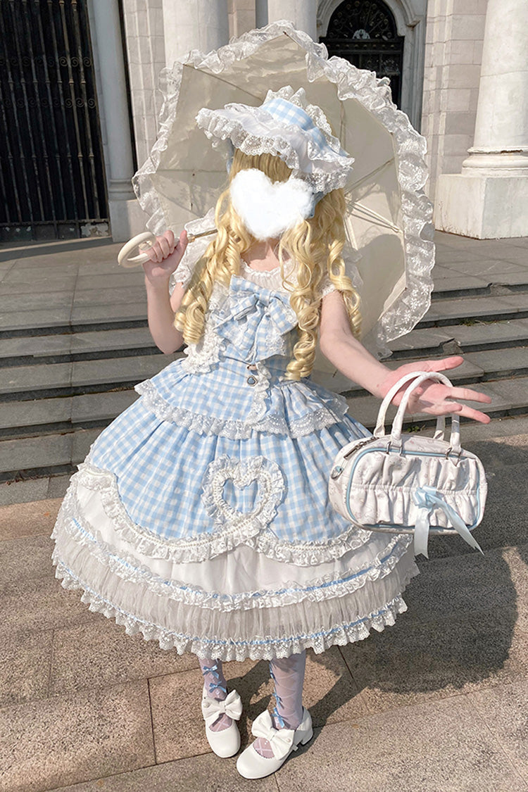 Blue [Tea Break Sweetheart] Short Sleeves Multi-Layered Plaid Print Ruffle Sweet Lolita Dress