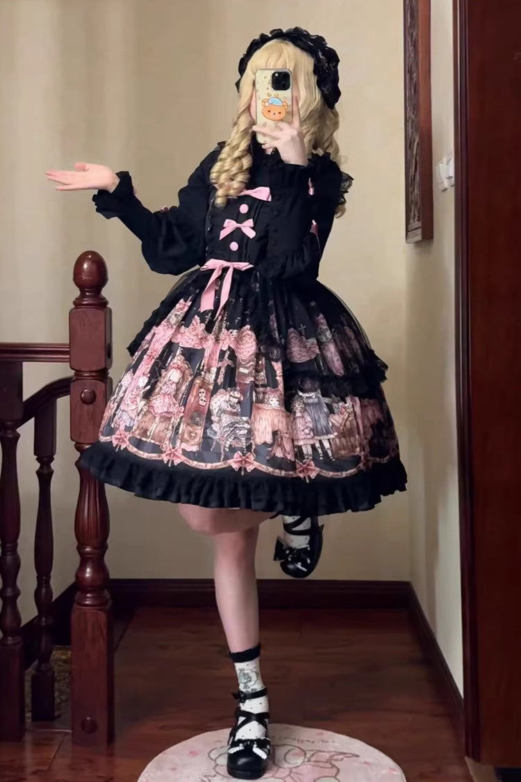 Black [The Case of the Missing Lamb] Print Ruffle Bowknot Lace Gothic Lolita Jsk Dress