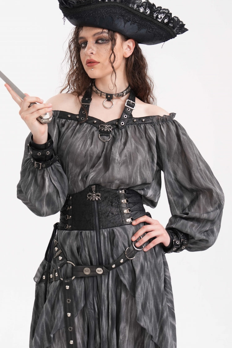 Graue Neckholder-Bluse mit Schnalle und langen Ärmeln für Damen im Gothic-Stil