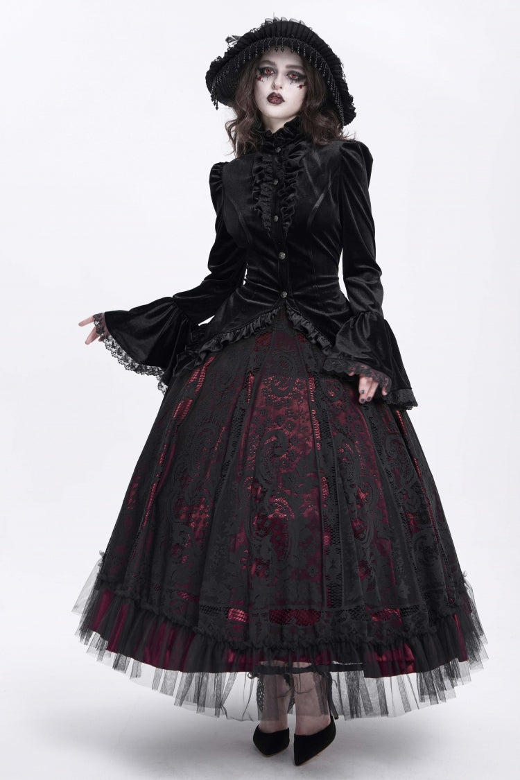 Black Stand Collar Long Trumpet Sleeves Ruffle Swallow-tailed Women's Gothic Blouse