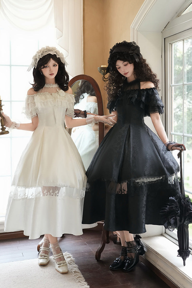 White [Flowers in the Mist] Off Shoulder Halterneck Print Ruffle Gothic Elegant Lolita Dress