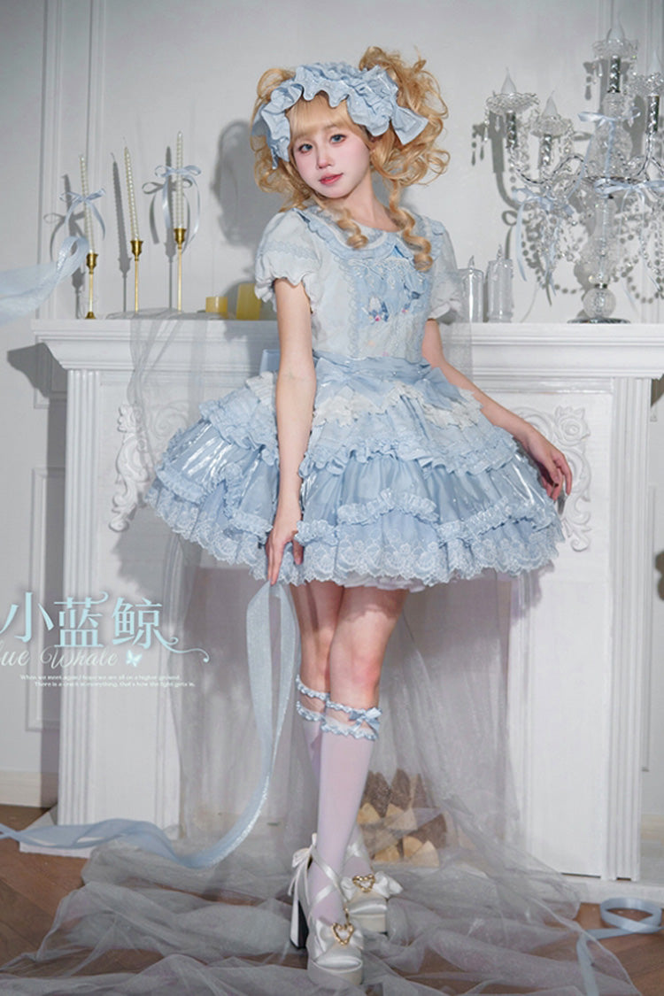 Robe Lolita douce à volants triples brodés à manches courtes avec col à revers bleu [baleine] 