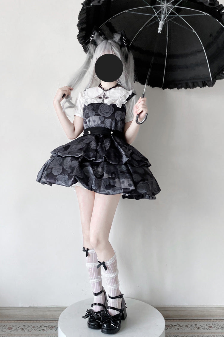 Black Rose Print Two-layer Bowknot Gothic Lolita Jsk Dress