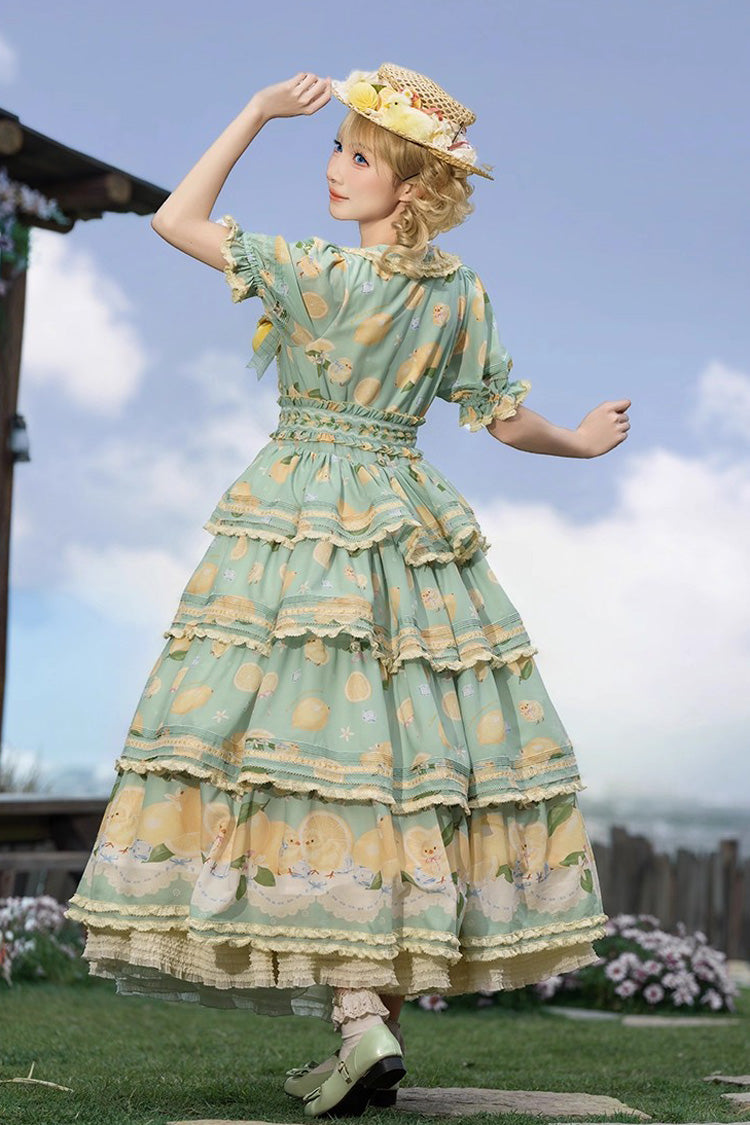 Green [Lemon Chicken] Short Sleeves Triple-Layered Print Ruffle Bowknot Lace Sweet Gorgeous Lolita Dress