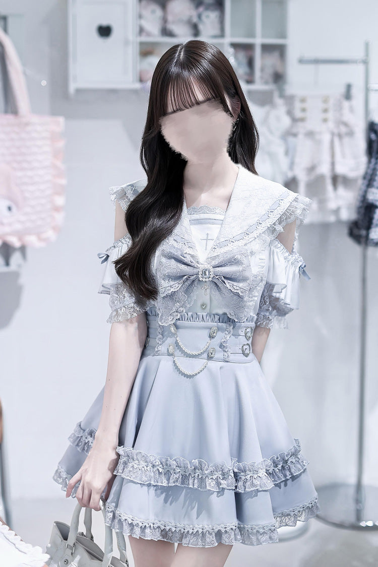 Aqua [Apprentie sorcière] Épaules dénudées Col bleu marine Manches courtes Noeud à volants Dentelle Détail de perles Ensemble jupe japonaise classique Jirai Kei