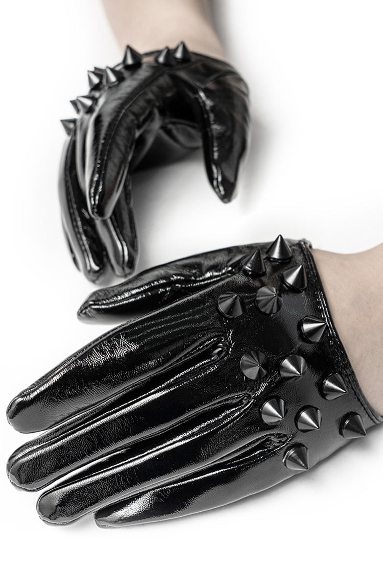 Black Leather Rivets Women's Steampunk Gloves