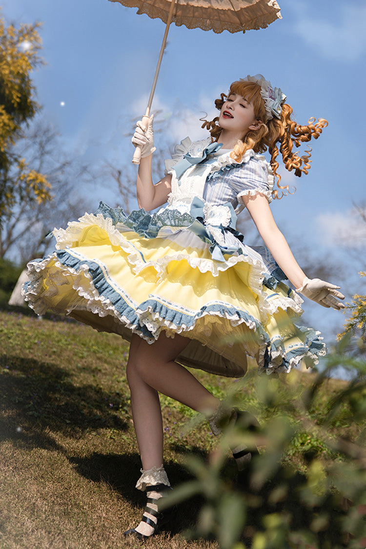 Blue/Yellow Short Sleeves Triple-Layered Ruffle Bowknot Lace Sweet Japanese Lolita Dress