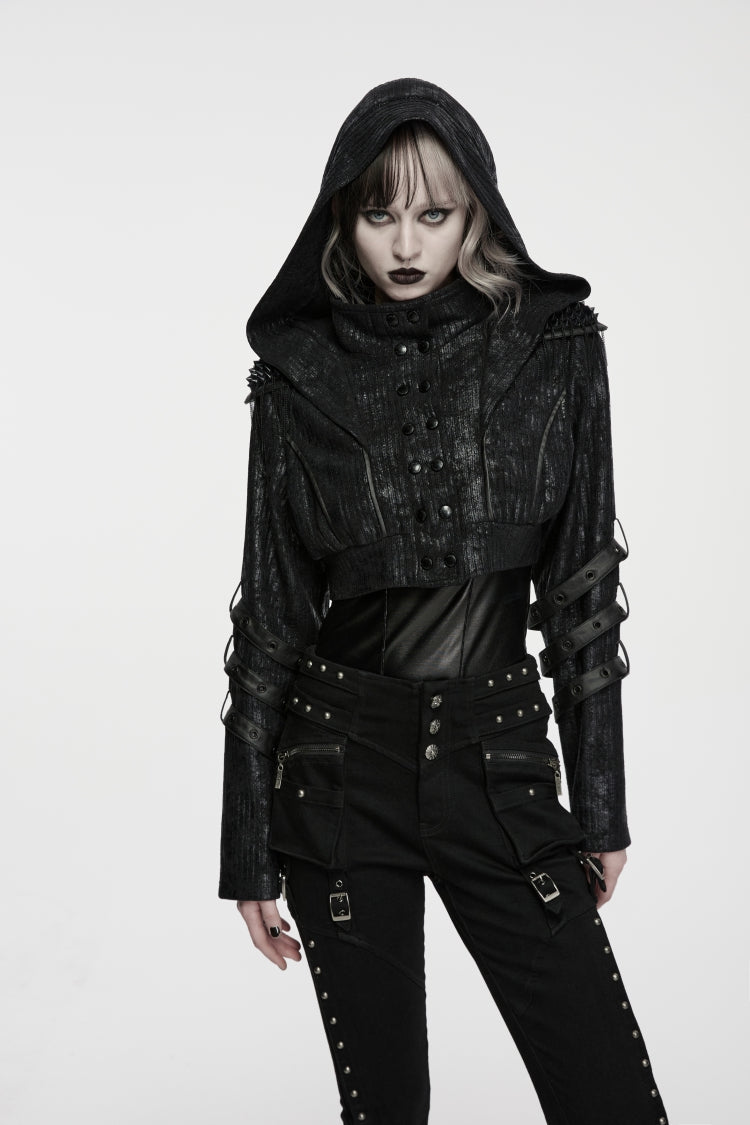 Schwarzer Stehkragen, lange Ärmel, Kapuze, Nieten, Reißverschluss, Riemchen, Öse, coole Punk-Jacke für Damen