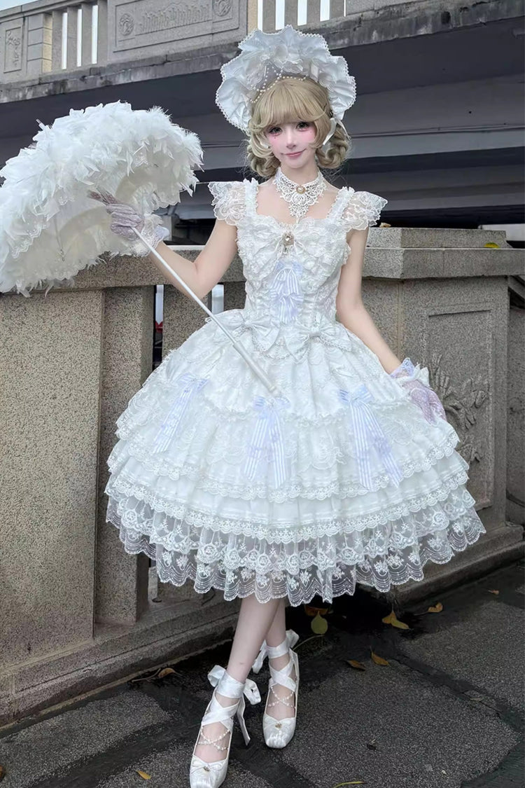 White [Moonlit Sakura Ode] Sleeveless Multi-Layered Ruffled Bow Lace Sweet Lolita Dress