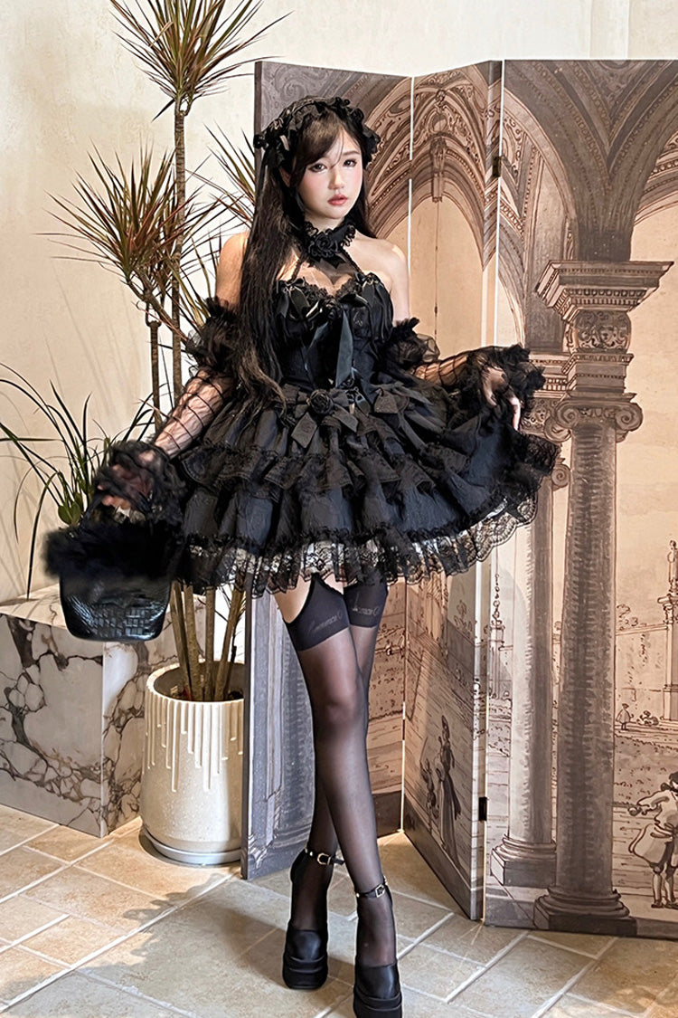 Black Princess Sleeveless Ruffle Bowknot Lace Gothic Lolita Jsk Dress