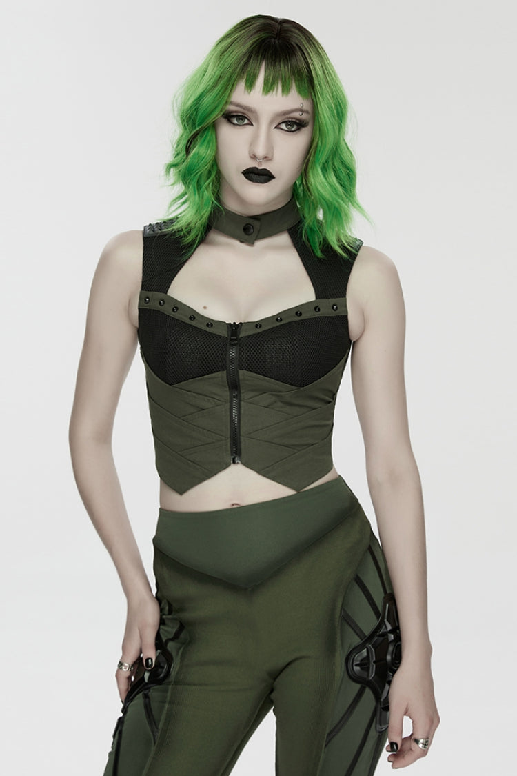 ブラック/グリーン ノースリーブ カットアウト スタッズ メカニカル レディース パンク タンク トップ
