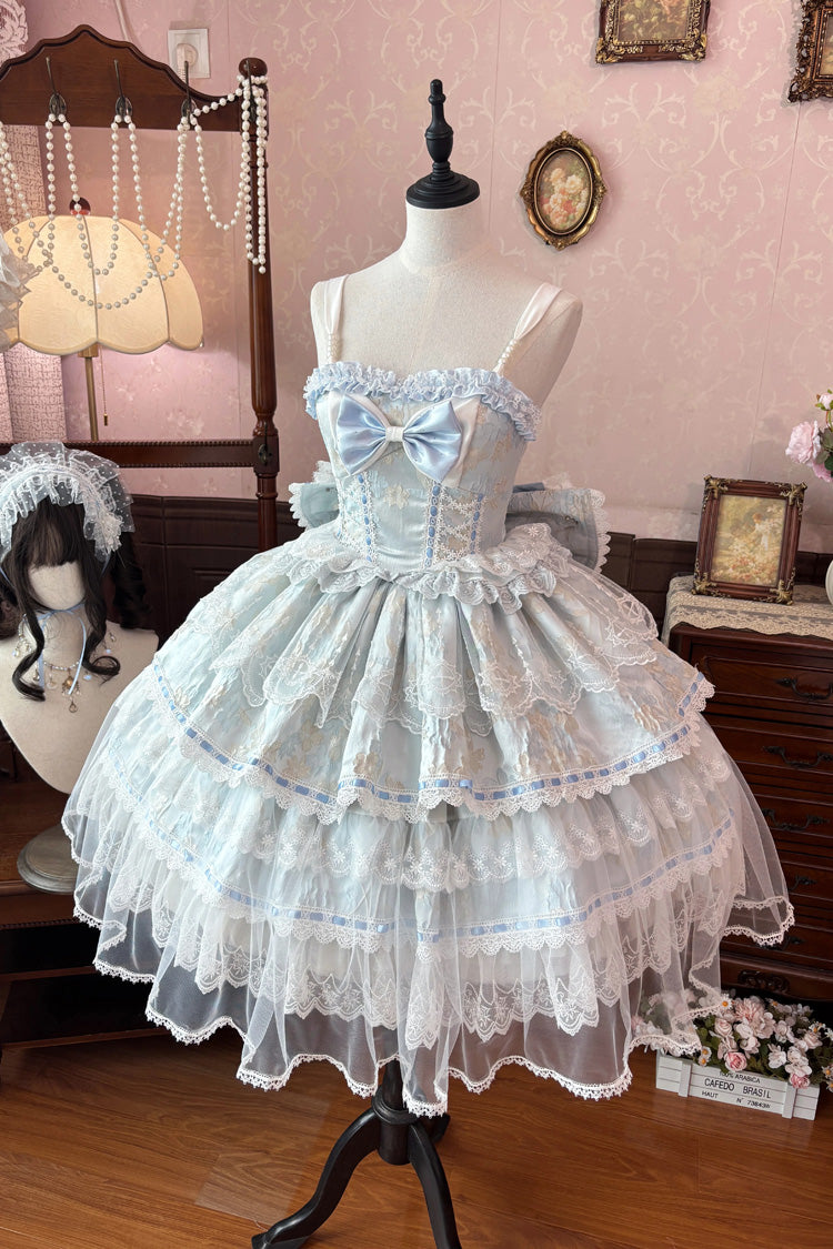 Blau [Moonlight Woven Flower Box] Mehrschichtiges, gerüschtes Hanayome-gesticktes Schleifen-Spitzen-Set mit quadratischem Kragen, süßes Plus-Size-Lolita-JSK-Kleid-Set