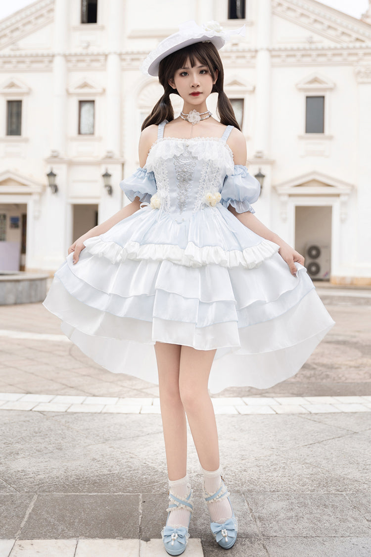 Light Blue [Rose Of The Night Sea And Starry Sky] Off Shoulder Multi-Layered Ruffle Embroidery Sweet Lolita Dress