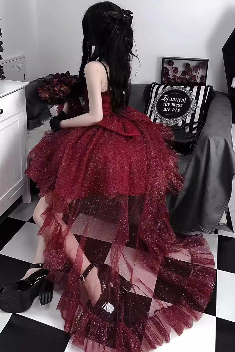 赤い輝くちょう結び不規則なスウィートプリンセスゴージャスなロリータJskドレス