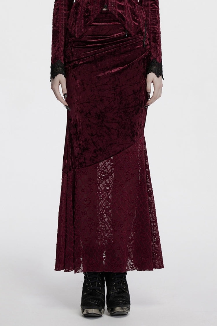 Red Batwing Hollow Embroidery Stitching Lace Women's Gothic Fishtailed Skirt