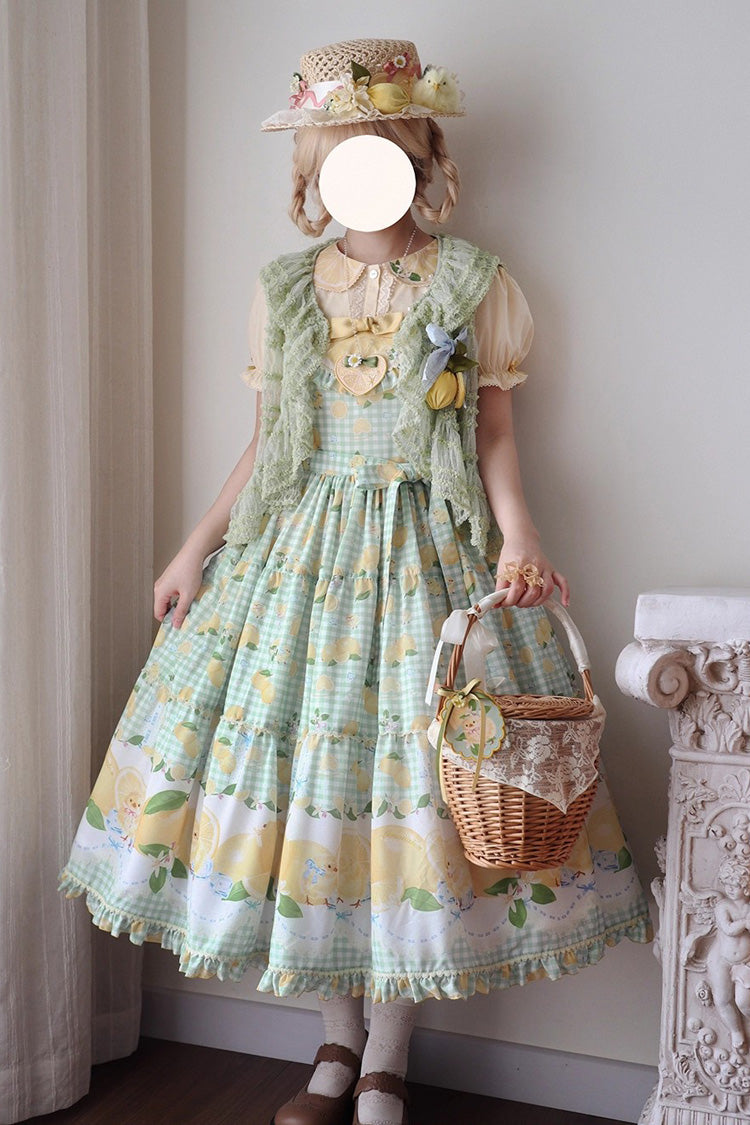 Green [Lemon Chicken] Print Ruffle Bowknot Lace Sweet Lolita Jsk Long Dress