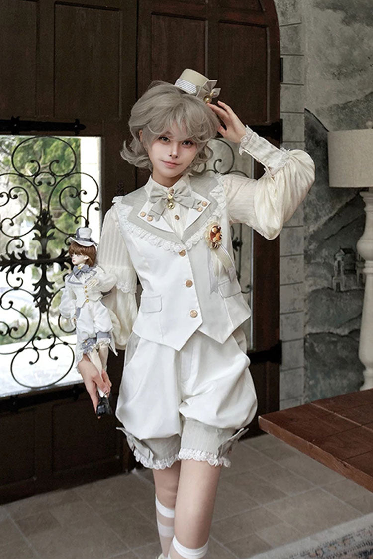 White [Candy Shop] V Collar Sleeveless Bow Lace Sweet Ouji Lolita Shorts Vest Set