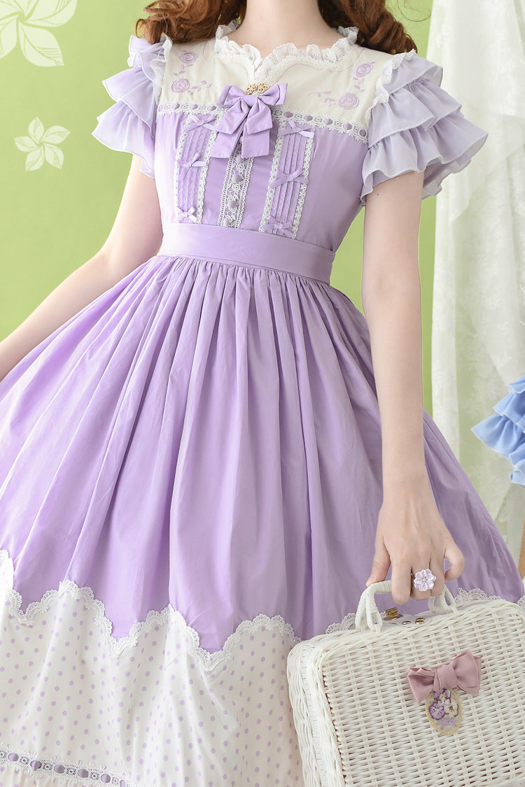 [Summer Wind] Short Sleeves Polka Dot Print Ruffle Embroidery Sweet Lolita Dress 3 Colors