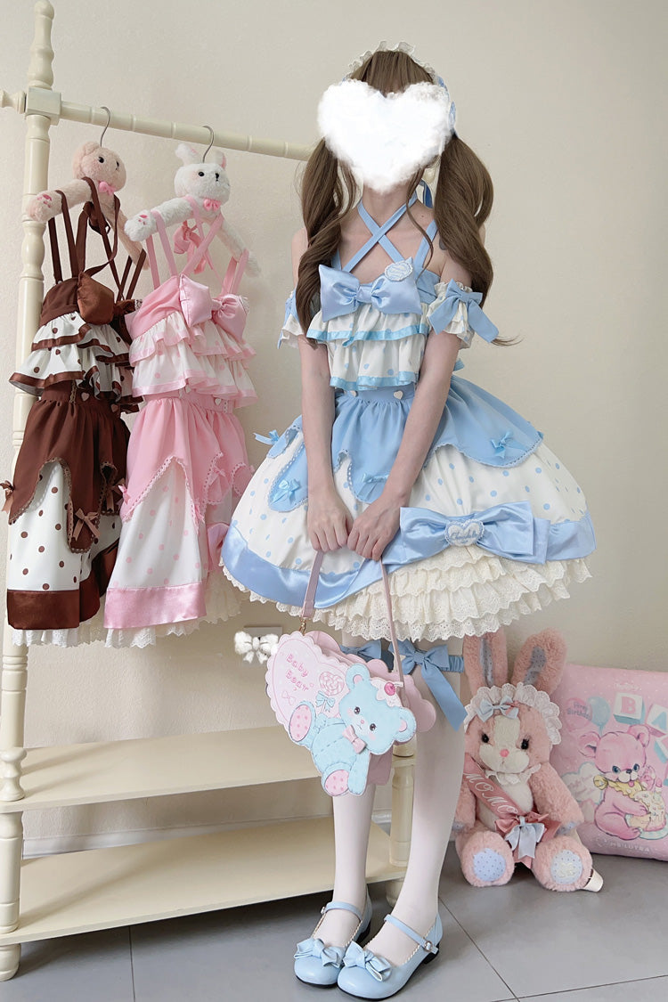 Blue Cream Multi-Layered Polka Dots Print Ruffle Bowknot Sweet Lolita Jsk Dress