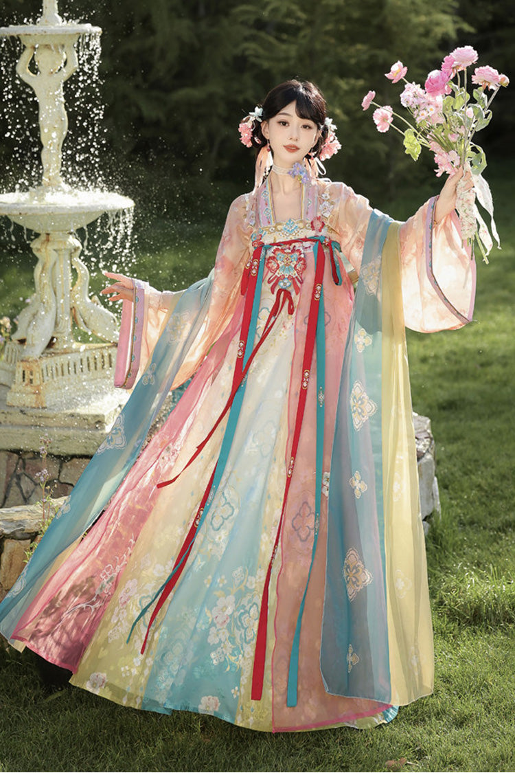 Multicolor [A Pool Of Tenderness] Long Sleeves High Waisted Printed Embroidered Women's Sweet Classic Hanfu Set