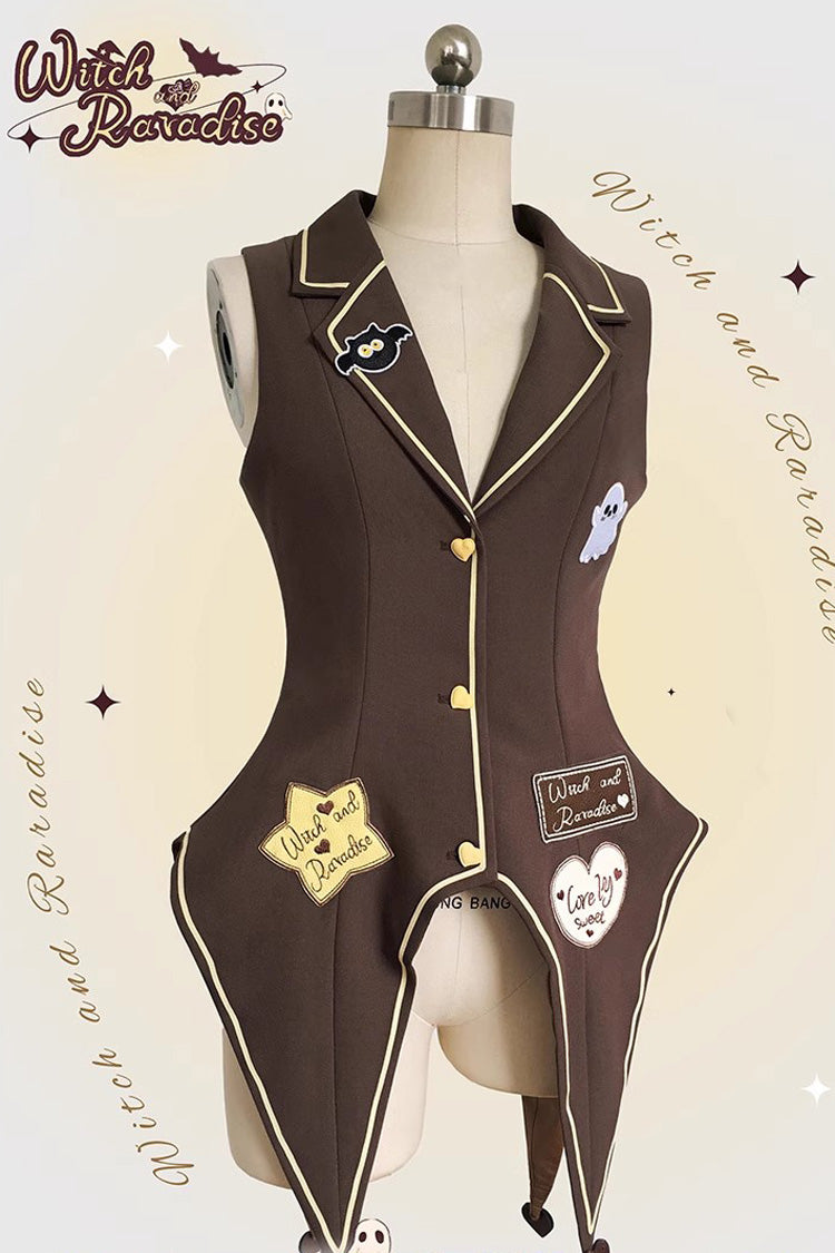Brown/Yellow [Witch and Paradise] Short Sleeves Ruffle Bowknot Sweet Japanese Halloween Lolita Dress Vest Set