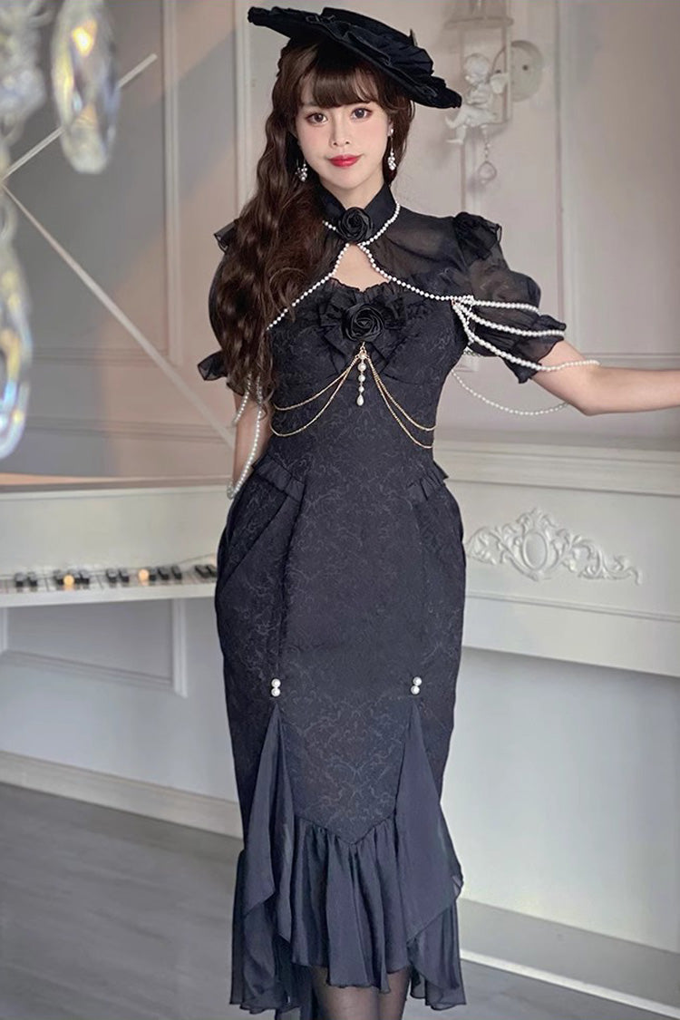 Black [Camellia 1.0] Sleeveless Jacquard Ruffle Lace Gothic Chinese Style Lolita Jsk Fishtail Dress