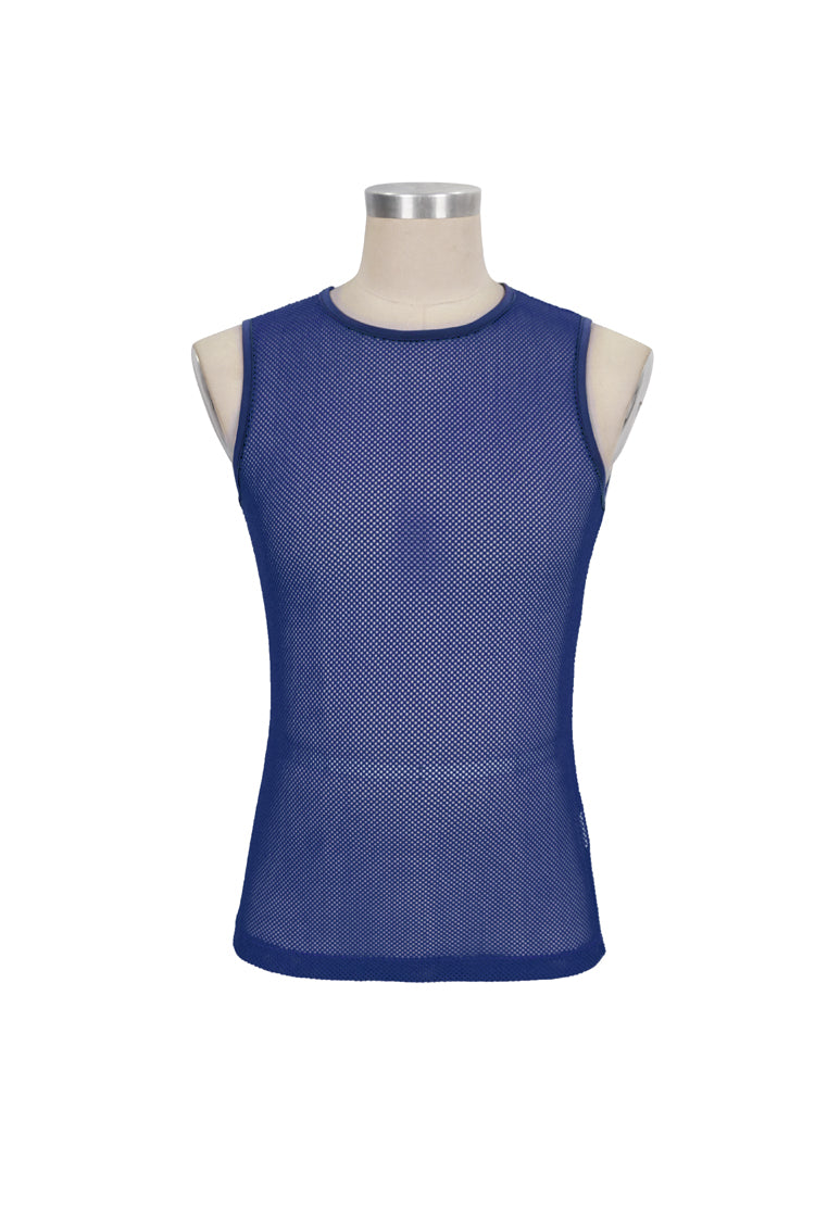 Blue Elasticity Perspective Rhombus Net Yarn Sleeveless Men's Gothic T-Shirt
