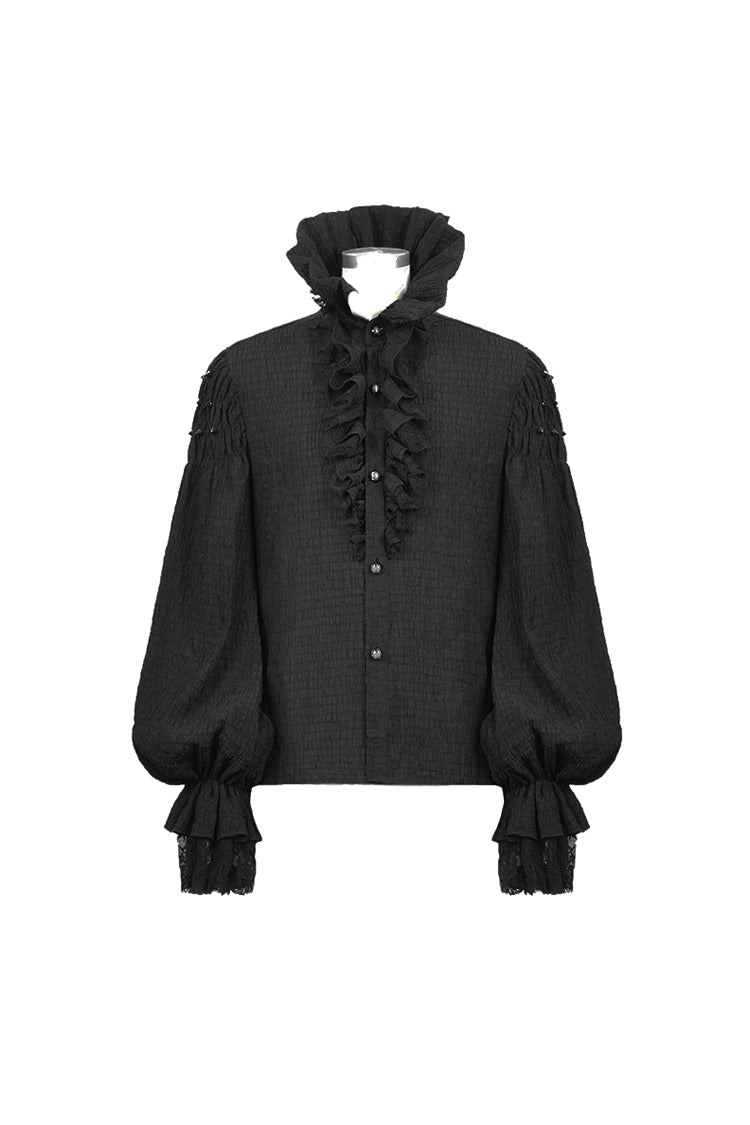 Black High Collar Chiffon Chest Frilly Beading Long Sleeve Lace Cuff Men's Gothic Shirt