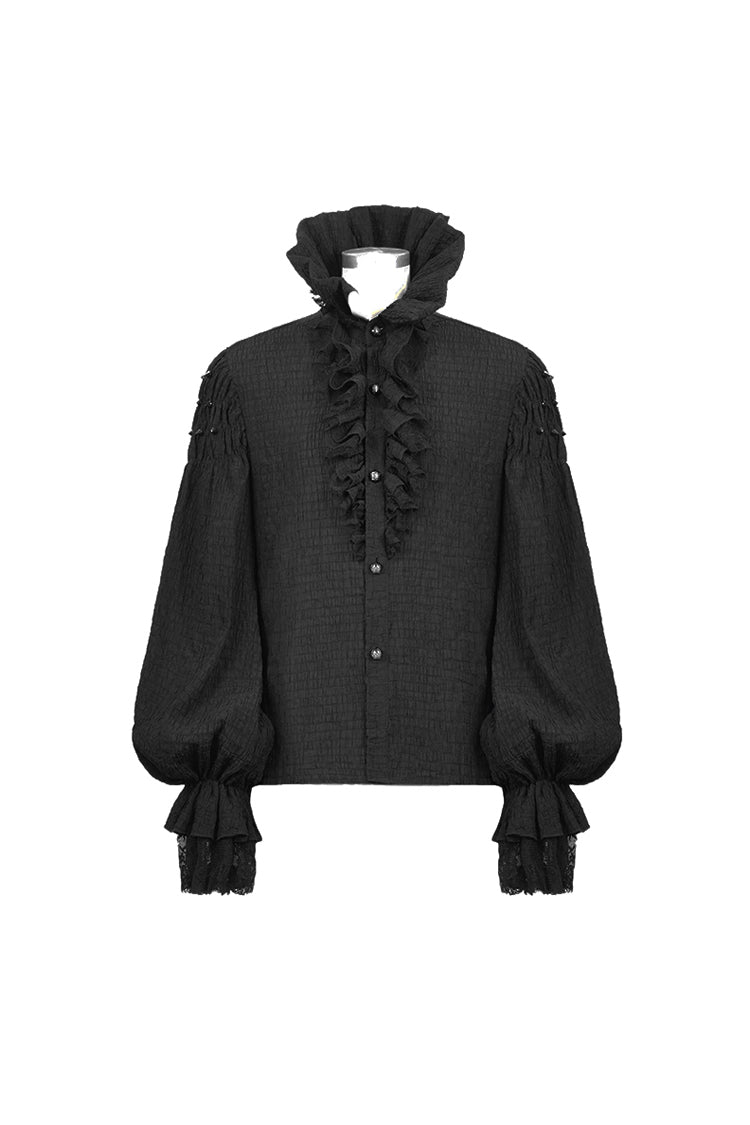Black High Collar Chiffon Chest Frilly Beading Long Sleeve Lace Cuff Men's Gothic Shirt